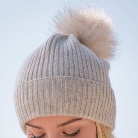 NWT! DongLi - 100% Cashmere Pom Beanie Hat in Heather Stone main image 3